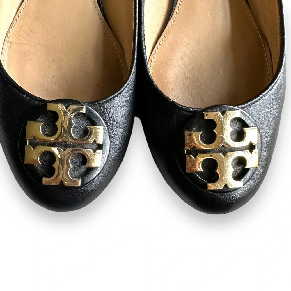 Tory Burch Black Leather Logo Ballet Flats with Gold Emblem - Picture 5 of 11